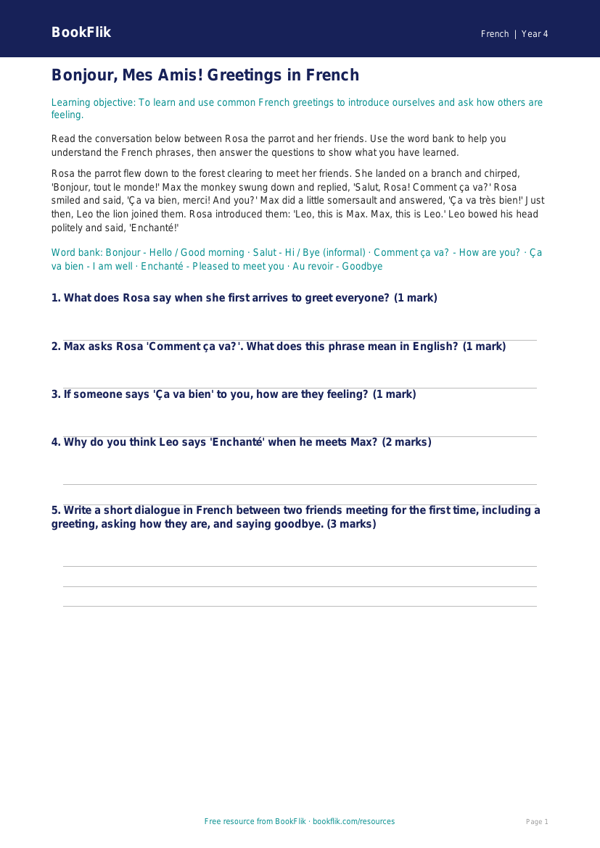 Free Greetings Track Sheet for Year 4 French Lessons | BookFlik worksheet preview — French Greetings