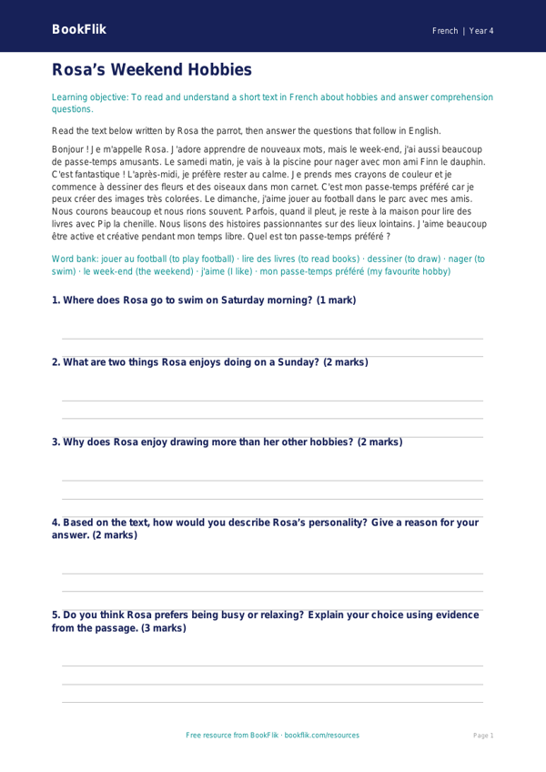 Free Hobbies Comprehension | Year 4 | French | BookFlik worksheet preview — French Hobbies