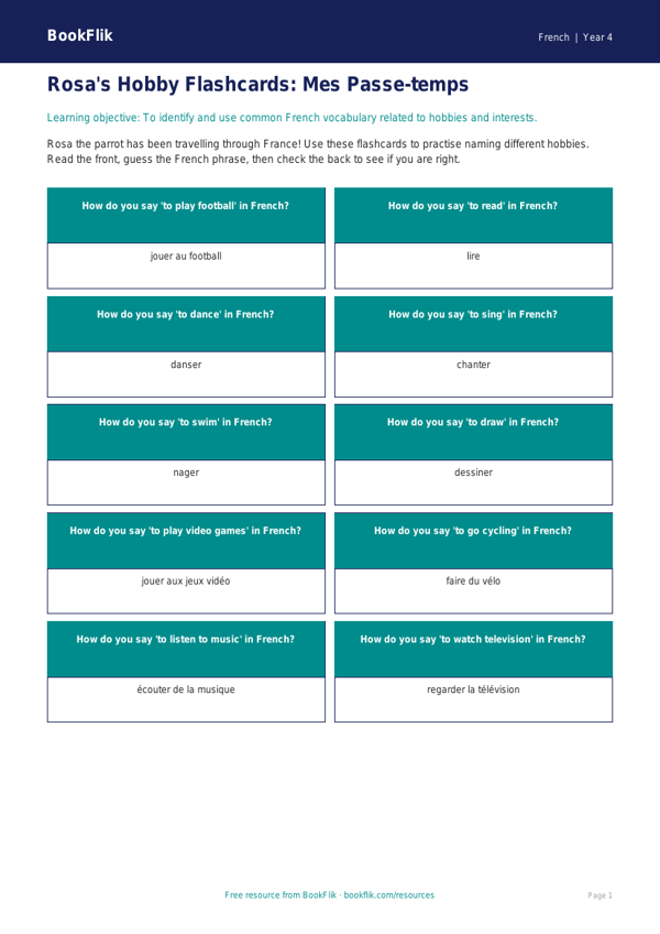 Free Hobbies Flashcards for Year 4 French Learners | BookFlik worksheet preview — French Hobbies