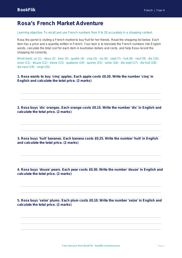 Free French Numbers Activity Sheet for Year 4 Students | BookFlik worksheet preview — French Numbers