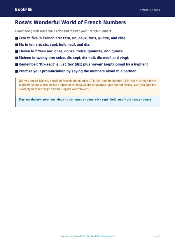 Free Numbers Poster | Year 4 | French | BookFlik worksheet preview — French Numbers