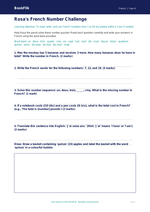 Free French Numbers Worksheet for Year 4 Students | BookFlik worksheet preview — French Numbers
