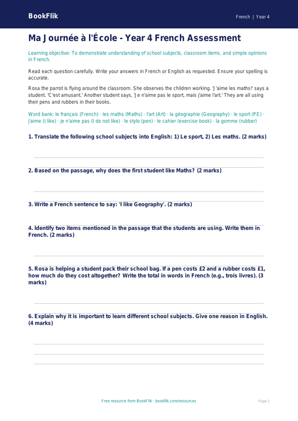 Free Year 4 French School Assessment | BookFlik worksheet preview — French School