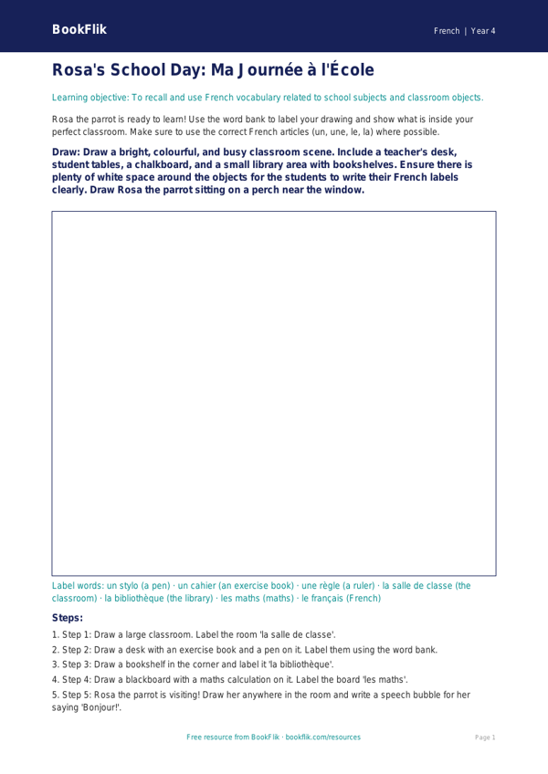 Free School Drawing Sheet for Year 4 French Lessons | BookFlik worksheet preview — French School