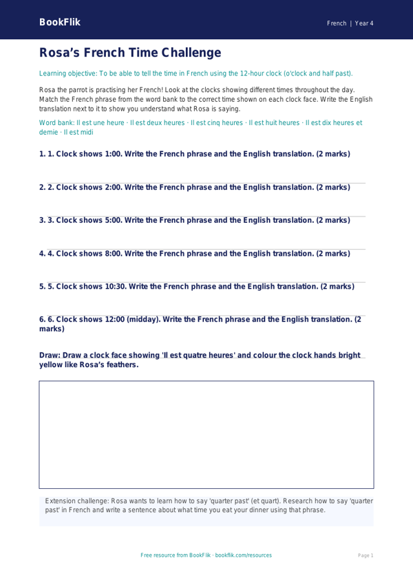 Learning French Time | Telling the Time Activity Sheet | Year 4 | BookFlik worksheet preview — French Telling The Time