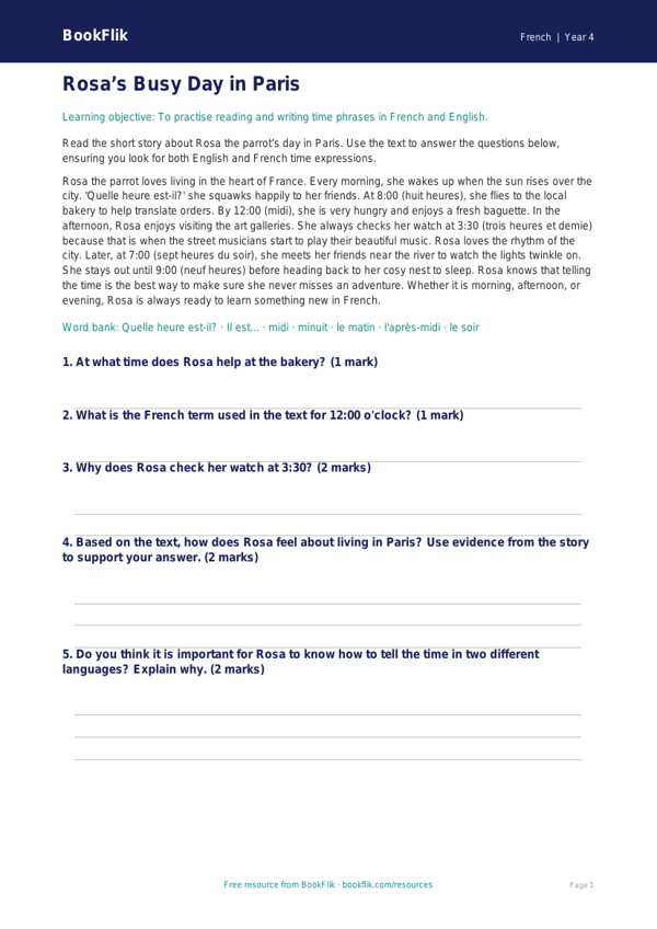 Free Telling The Time Comprehension | Year 4 | French | BookFlik worksheet preview — French Telling The Time