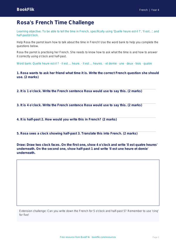 Free Telling The Time Worksheet for Year 4 French Students | BookFlik worksheet preview — French Telling The Time