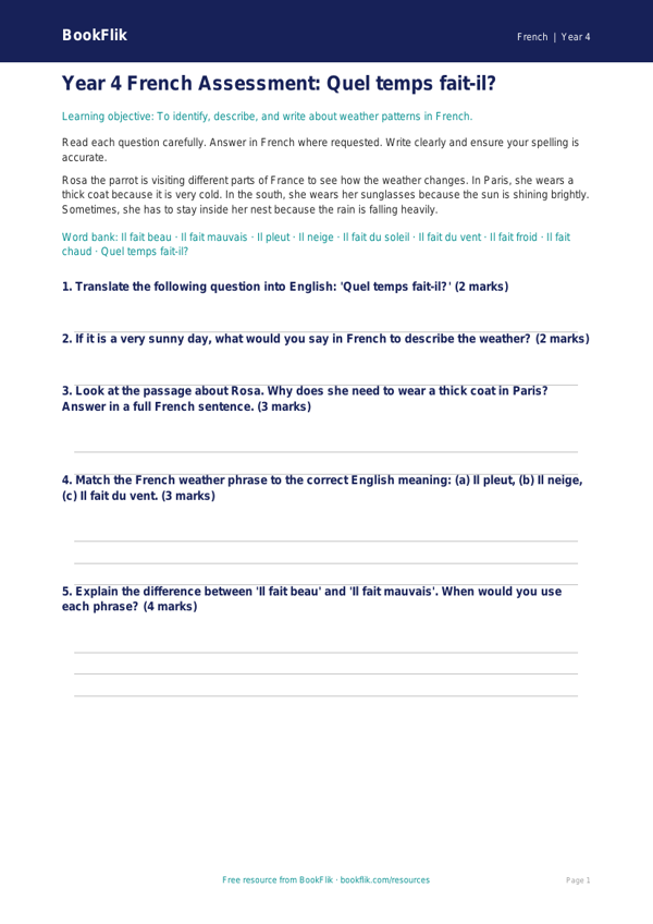 Free Weather Assessment for Year 4 Students | BookFlik worksheet preview — French Weather