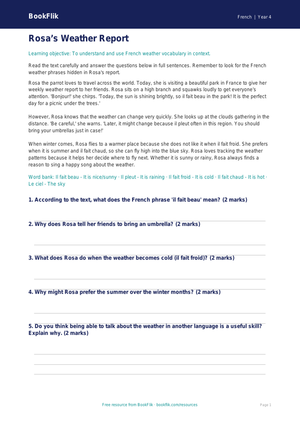Free Weather Comprehension Activity for Year 4 Students | BookFlik worksheet preview — French Weather