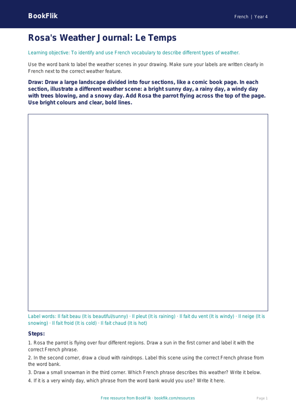 Free Weather Drawing Sheet for Year 4 French Classes | BookFlik worksheet preview — French Weather