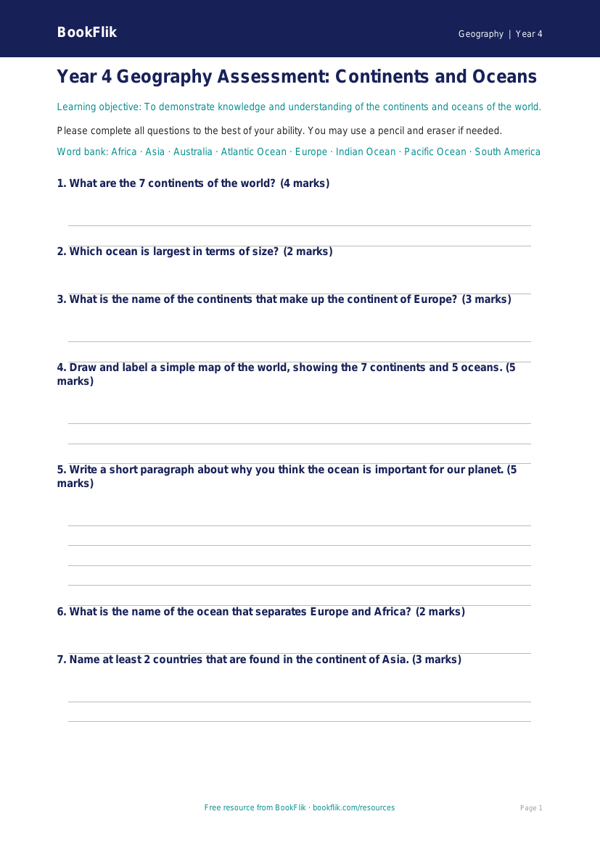 Free Continents And Oceans Assessment | Year 4 | Geography | BookFlik worksheet preview — Geography Continents And Oceans