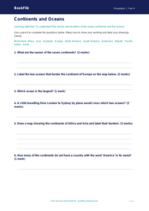 Free Continents And Oceans Worksheet | Year 4 | Geography | BookFlik