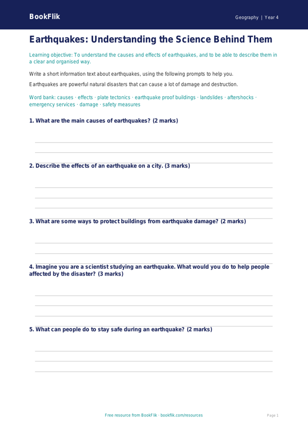 Free Earthquakes Writing Frame | Year 4 | Geography | BookFlik worksheet preview — Geography Earthquakes