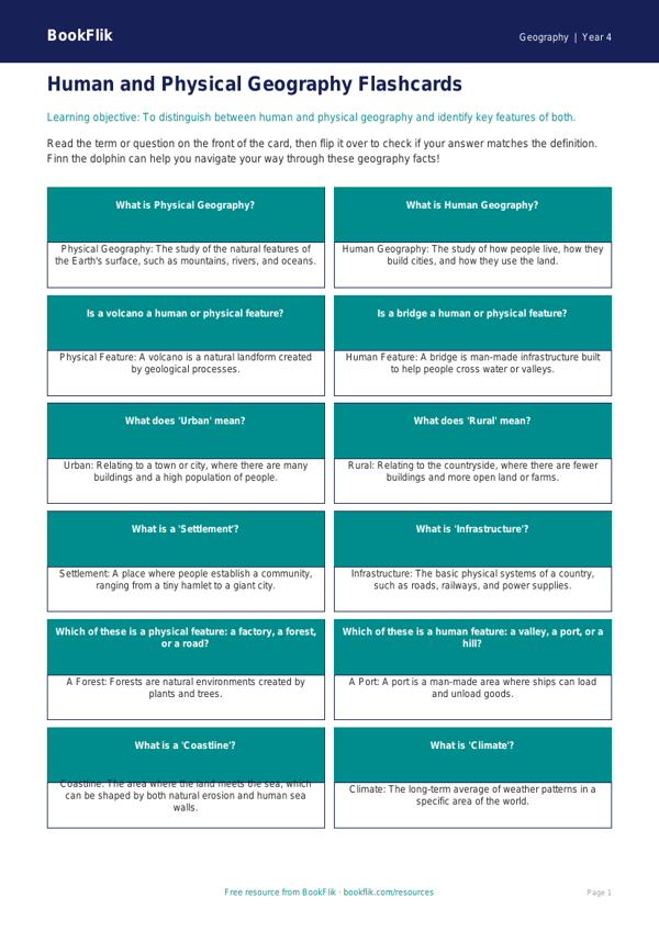 Free Human And Physical Geography Flashcards | Year 4 | Geography | BookFlik worksheet preview — Geography Human And Physical Geography