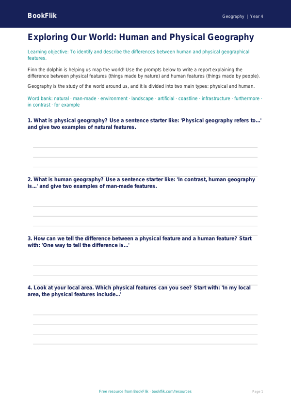 Free Human And Physical Geography Writing Frame | Year 4 | Geography | BookFlik worksheet preview — Geography Human And Physical Geography