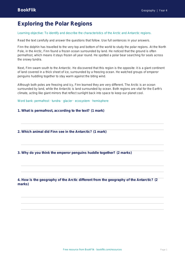 Free Polar Regions Comprehension | Year 4 | Geography | BookFlik worksheet preview — Geography Polar Regions