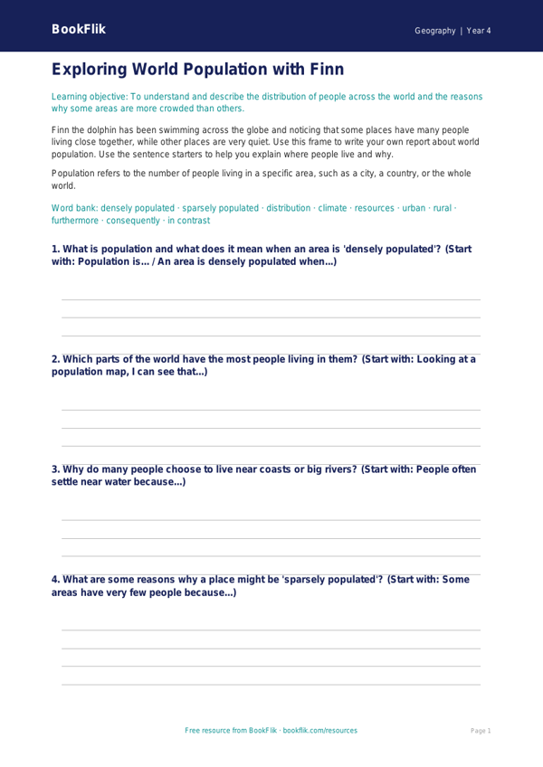 Free Population Writing Frame | Year 4 | Geography | BookFlik worksheet preview — Geography Population