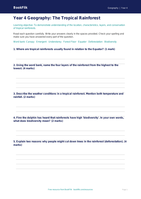 Free Rainforests Assessment | Year 4 | Geography | BookFlik worksheet preview — Geography Rainforests
