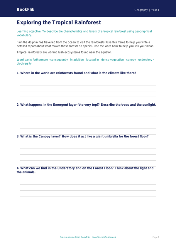 Free Rainforests Writing Frame | Year 4 | Geography | BookFlik worksheet preview — Geography Rainforests