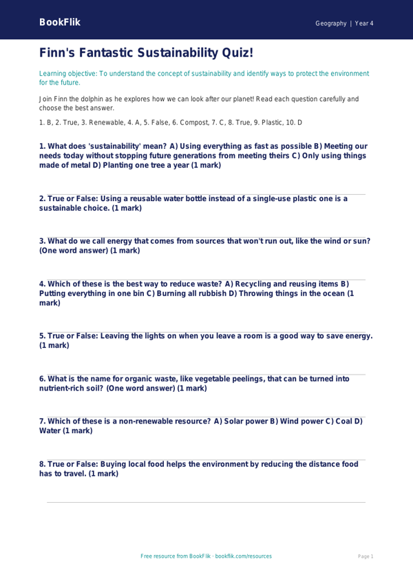 Free Sustainability Quiz | Year 4 | Geography | BookFlik worksheet preview — Geography Sustainability