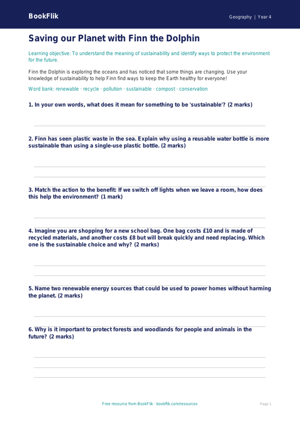 Free Sustainability Worksheet | Year 4 | Geography | BookFlik worksheet preview — Geography Sustainability