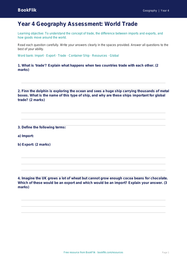 Trade Assessment Year 4 | Geography | Australian Curriculum worksheet preview — Geography Trade
