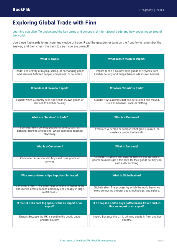 Trade Flashcards Year 4 | Geography Resources | BookFlik worksheet preview — Geography Trade