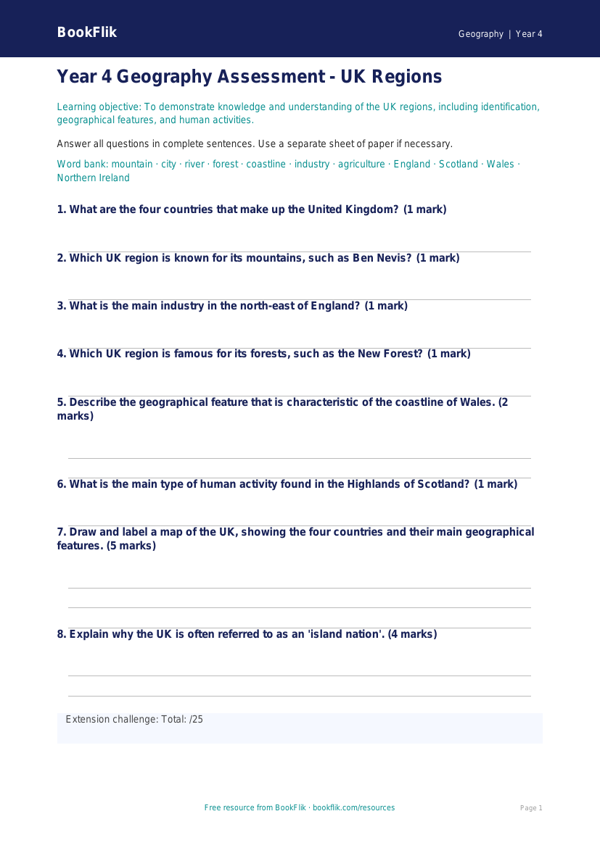 UK Regions Assessment Year 4 | Geography Worksheet | BookFlik worksheet preview — Geography Uk Regions
