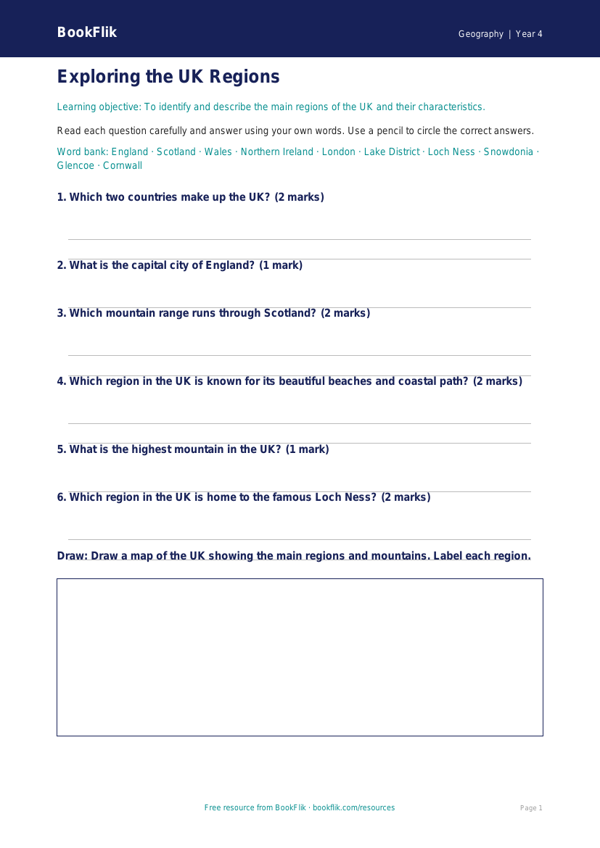 UK Regions Worksheet Year 4 | Geography | Australian Curriculum worksheet preview — Geography Uk Regions