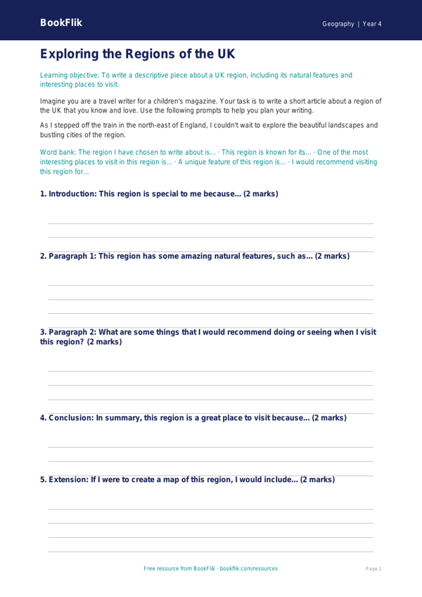 Year 4 Geography: UK Regions Writing Frame | Australian Curriculum worksheet preview — Geography Uk Regions