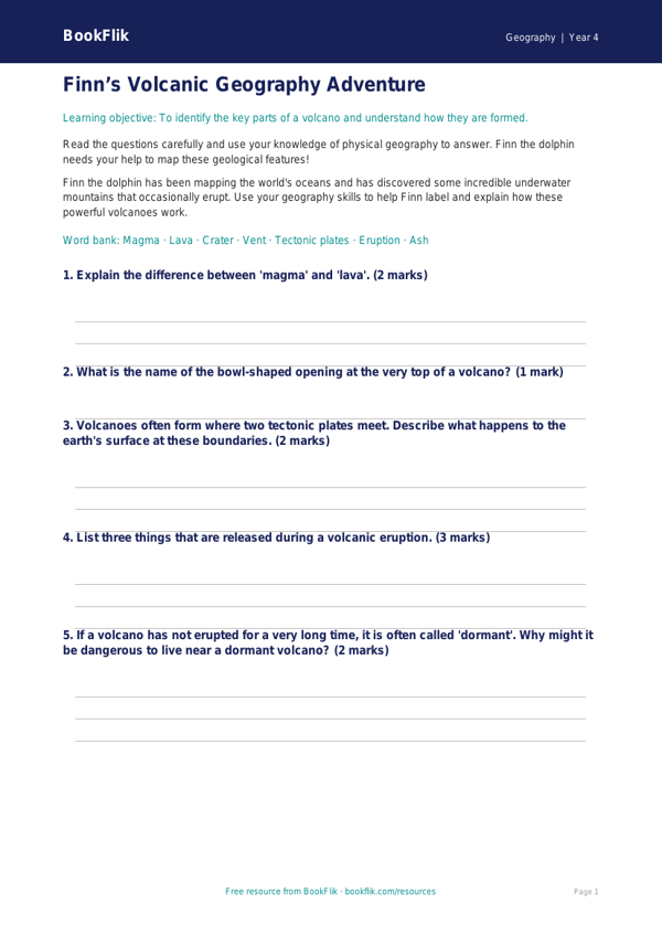 Free Volcanoes Worksheet | Year 4 | Geography | BookFlik worksheet preview — Geography Volcanoes
