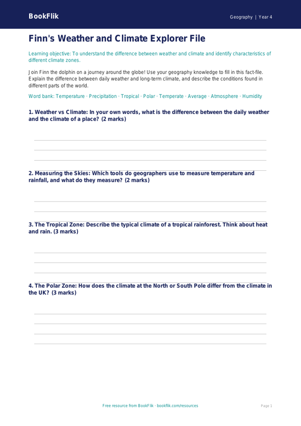 Free Weather And Climate Template | Year 4 | Geography | BookFlik worksheet preview — Geography Weather And Climate