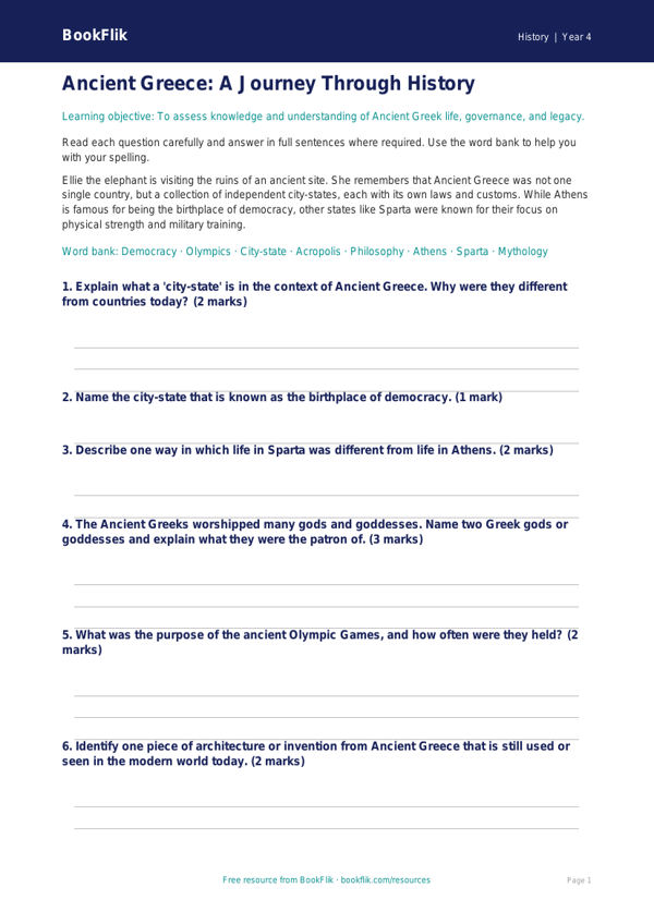 Free Ancient Greece Assessment | Year 4 | History | BookFlik worksheet preview — History Ancient Greece