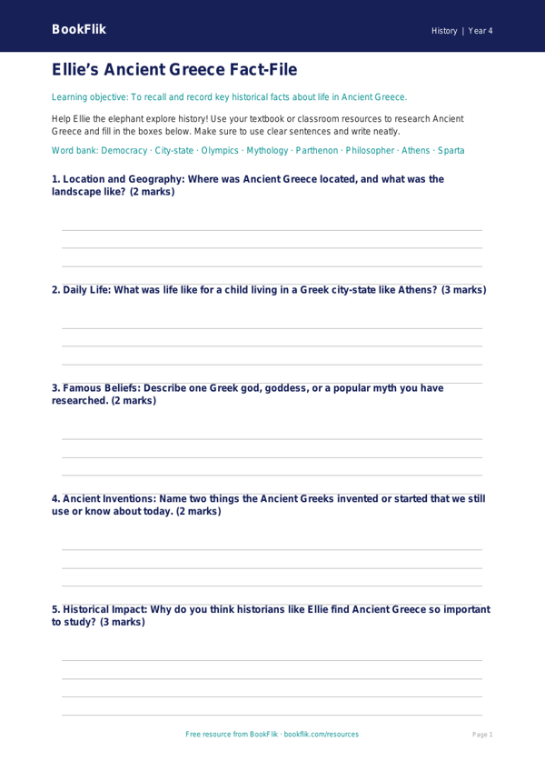 Ancient Greece History Lesson | Year 4 Australian Curriculum | BookFlik worksheet preview — History Ancient Greece