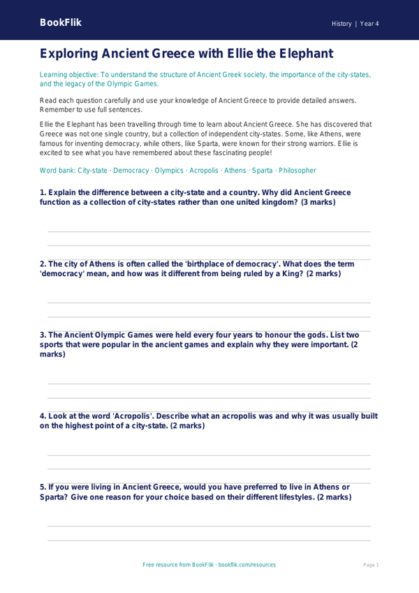 Free Ancient Greece Worksheet | Year 4 | History | BookFlik worksheet preview — History Ancient Greece
