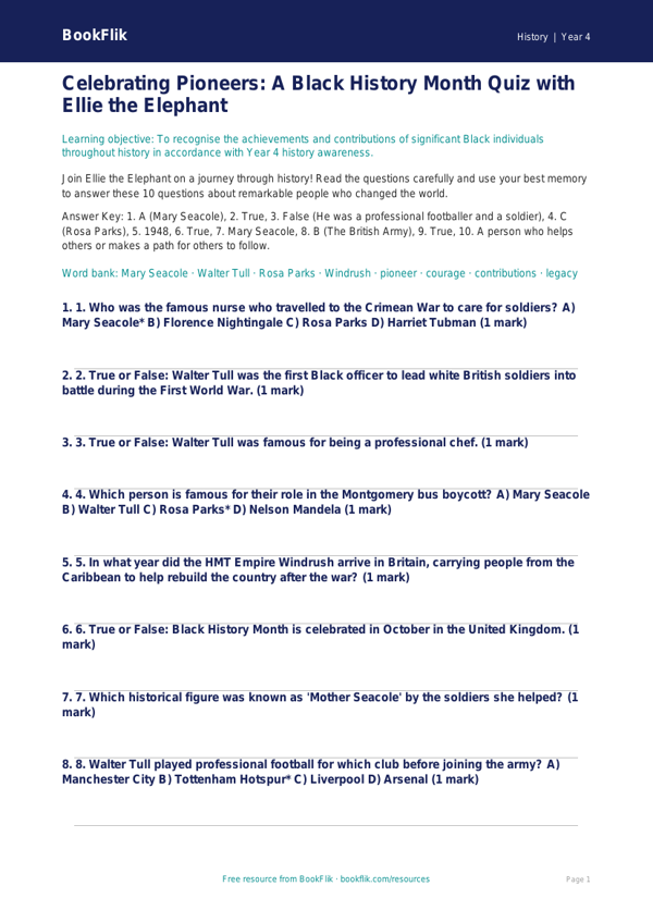 History black history month quiz year 4 core worksheet preview — History Black History Month
