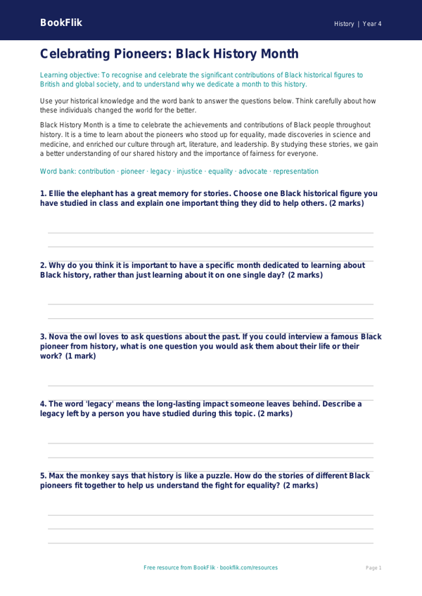 Black History Month Worksheet for Year 4 | Australian Curriculum worksheet preview — History Black History Month