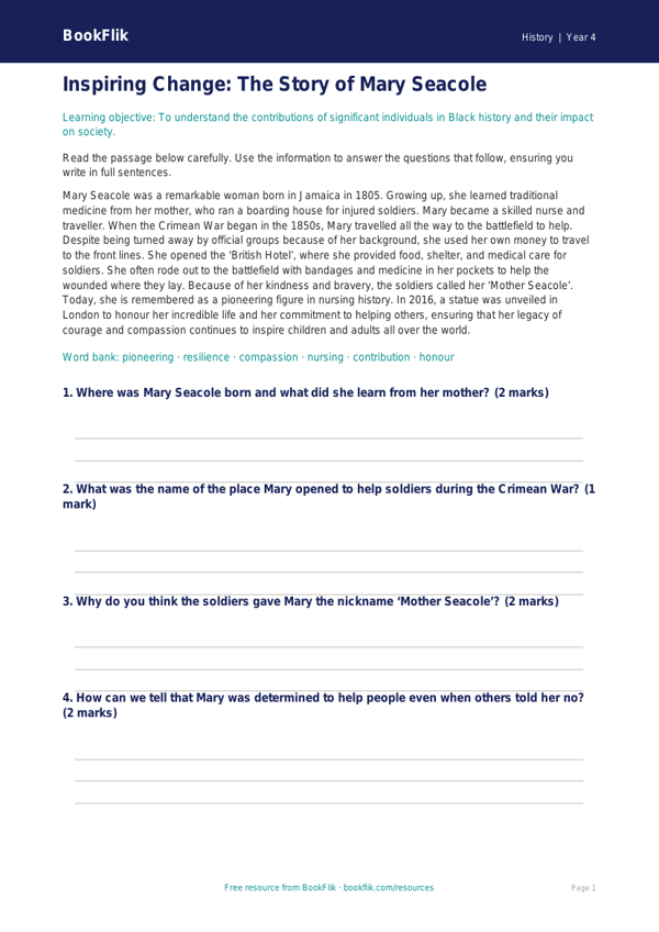 Free Black History Comprehension | Year 4 | History | BookFlik worksheet preview — History Black History