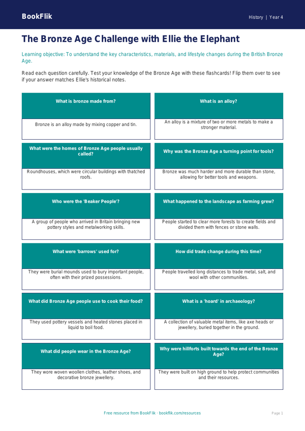 Free Bronze Age Flashcards | Year 4 | History | BookFlik worksheet preview — History Bronze Age
