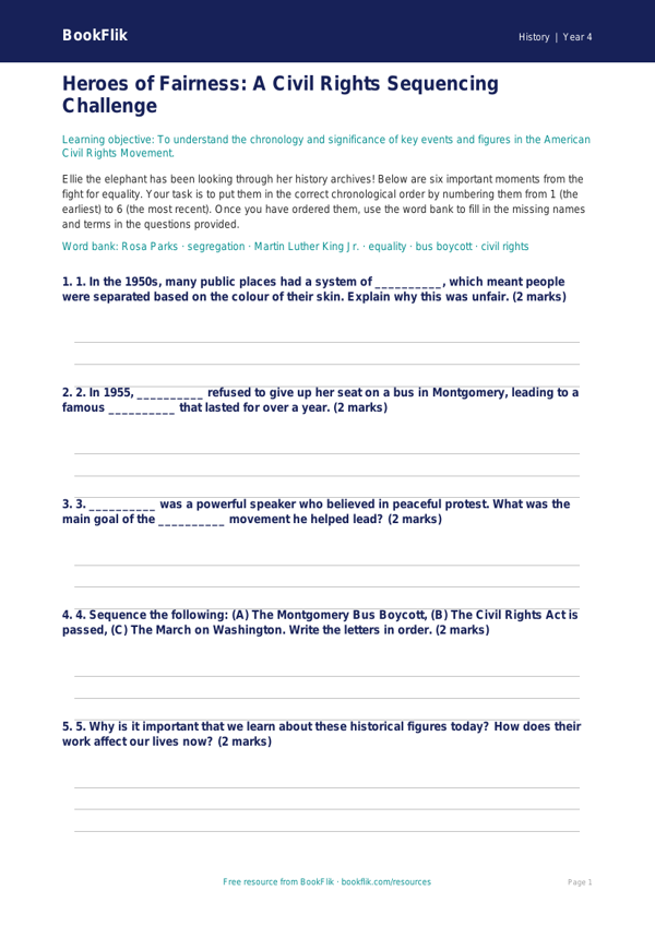 Free Civil Rights Activity Sheet | Year 4 | History | BookFlik worksheet preview — History Civil Rights