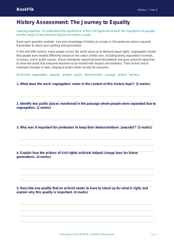 Free Civil Rights Assessment | Year 4 | History | BookFlik worksheet preview — History Civil Rights