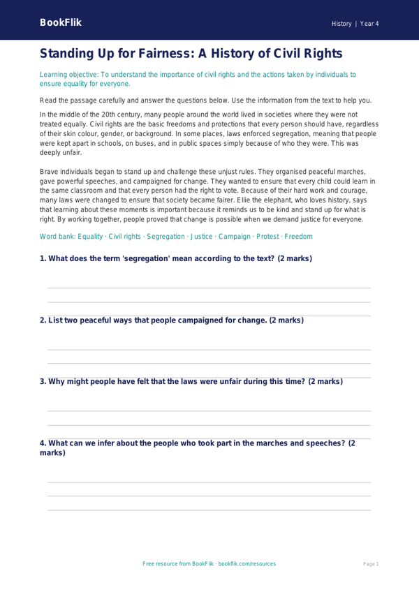 Free Civil Rights Comprehension | Year 4 | History | BookFlik worksheet preview — History Civil Rights