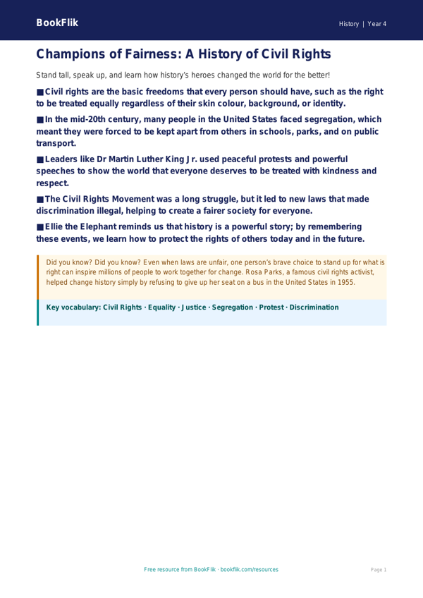 Free Civil Rights Poster | Year 4 | History | BookFlik worksheet preview — History Civil Rights