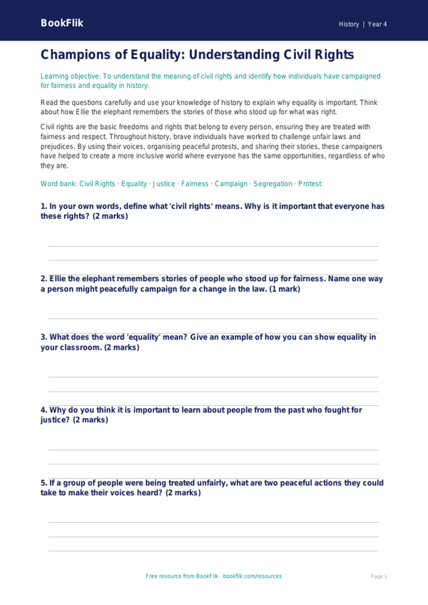History civil rights worksheet year 4 core worksheet preview — History Civil Rights