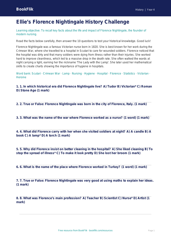Free Florence Nightingale Quiz | Year 4 | History | Australian Curriculum worksheet preview — History Florence Nightingale