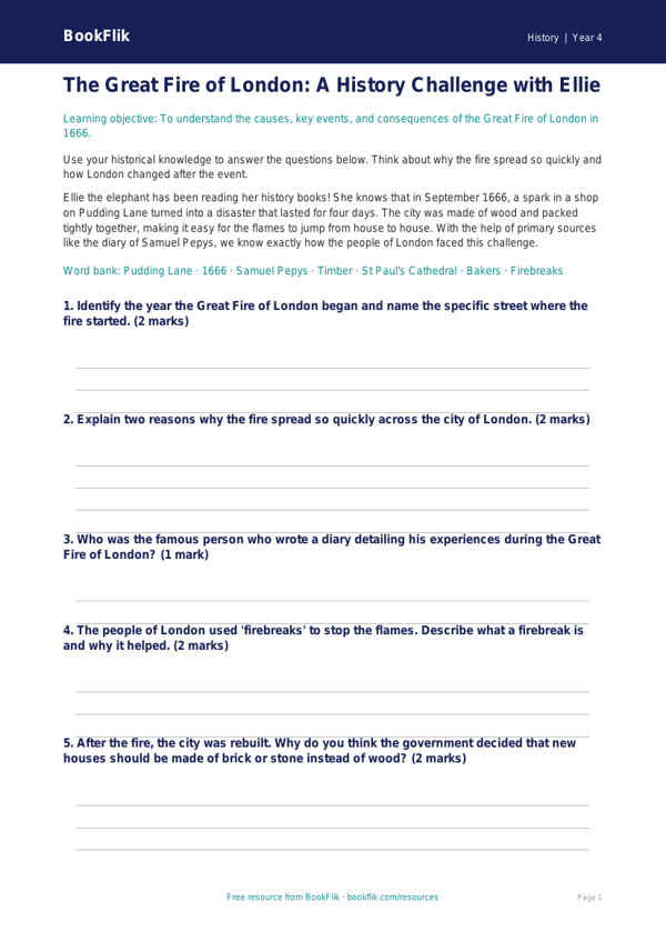 Free Great Fire Of London Worksheet | Year 4 | History | BookFlik worksheet preview — History Great Fire Of London
