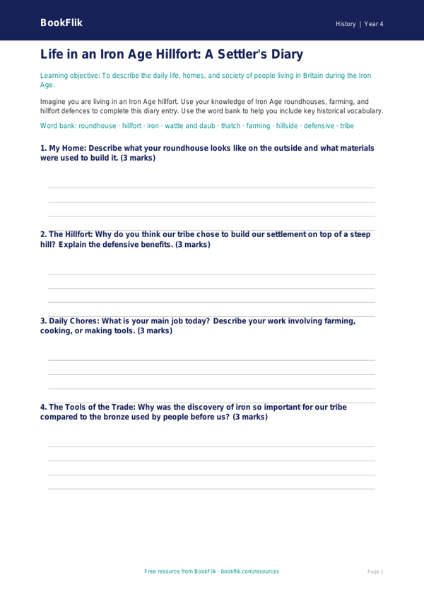 Free Iron Age Template | Year 4 | History | BookFlik worksheet preview — History Iron Age