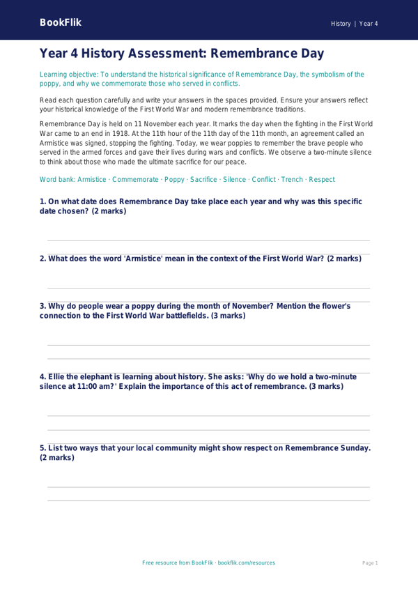 Free Remembrance Day Assessment | Year 4 | History | BookFlik worksheet preview — History Remembrance Day