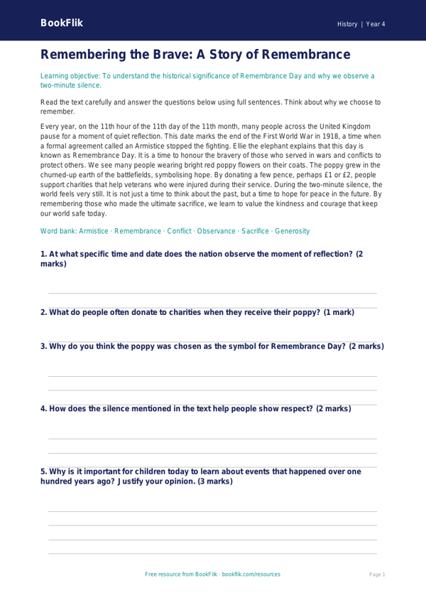 History remembrance day comprehension year 4 core worksheet preview — History Remembrance Day