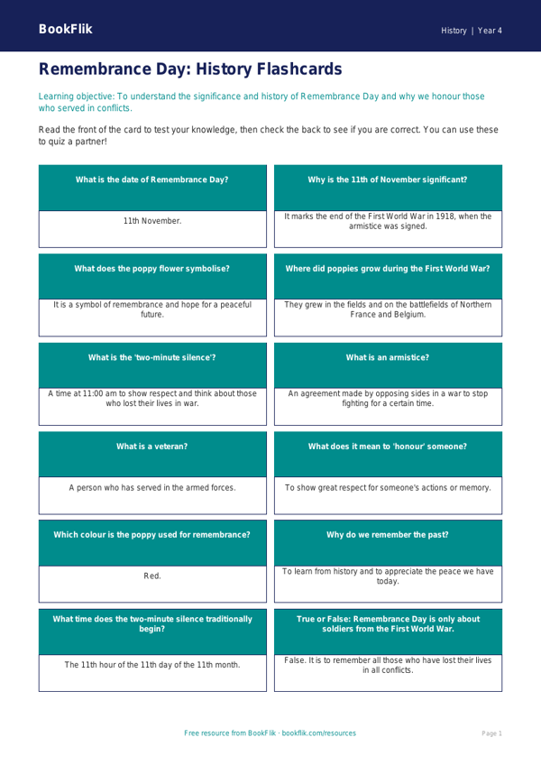 History remembrance day flashcards year 4 core worksheet preview — History Remembrance Day
